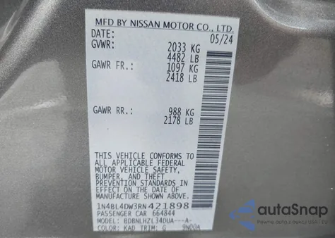 2024 Nissan Altima Sv Intelligent Awd from USA, damaged, VIN 1N4BL4DW3RN421898